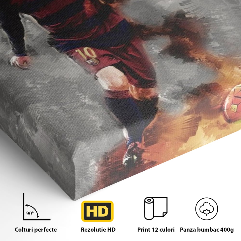 Detaliu al suprafetei: tablou canvas cu fotbalistul lionel messi, fara rama, pe sasiu de lemn